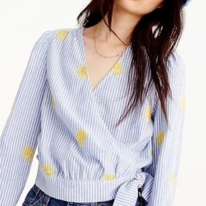 J Crew Women's Blue Striped Pineapple Embroidered Wrap Top Blouse